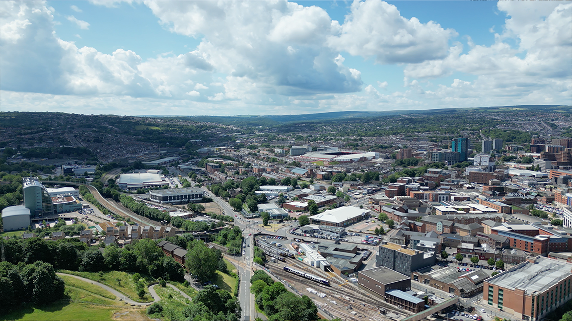 Overhead drone shot of Sheffield City Centre.